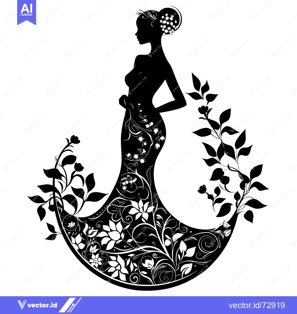 Premium Vector dari Silhouette of a woman in a floral dress with a floral headband