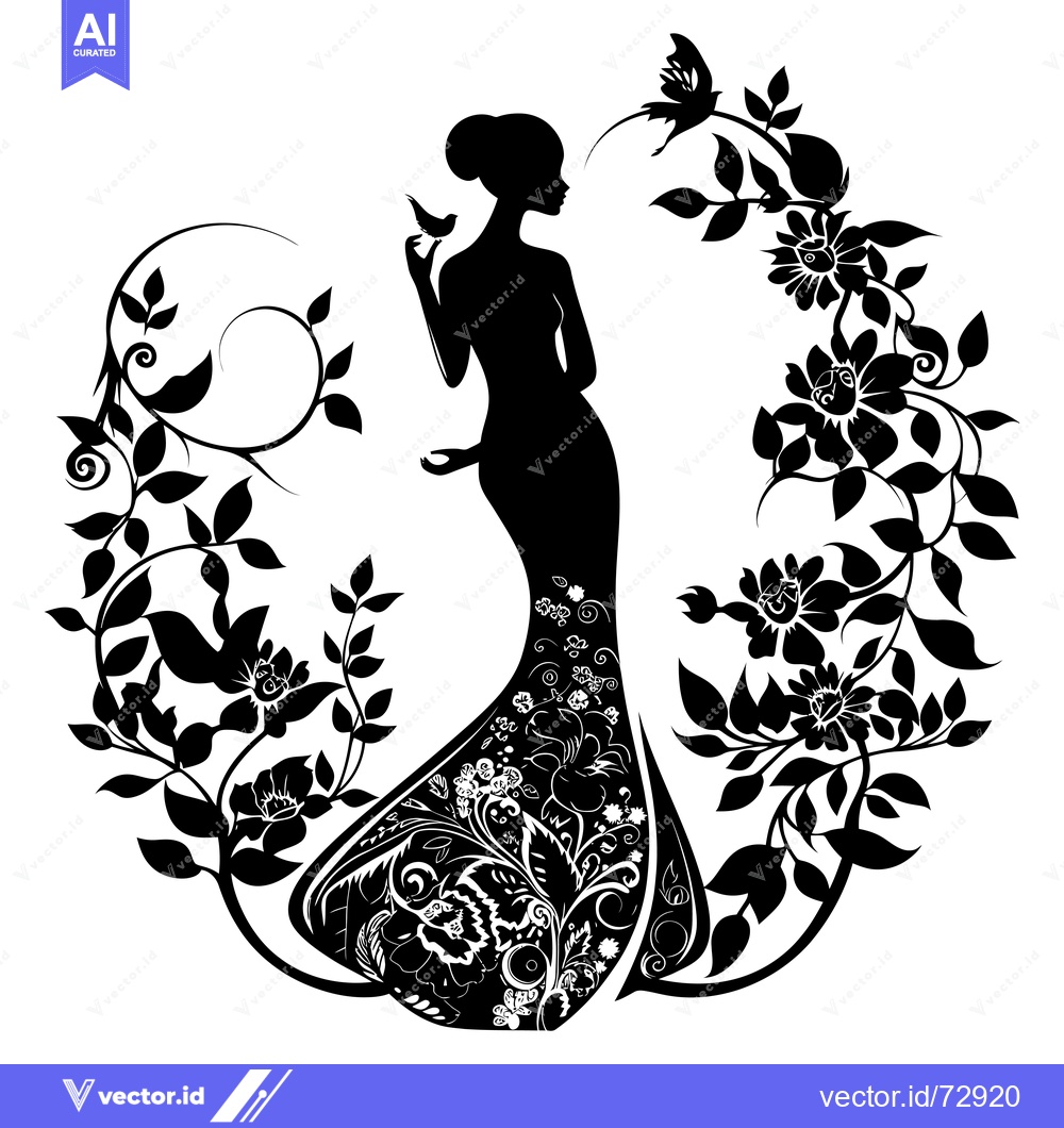 Premium Vector dari Silhouette of a Woman in a Floral Gown with Birds and Butterflies