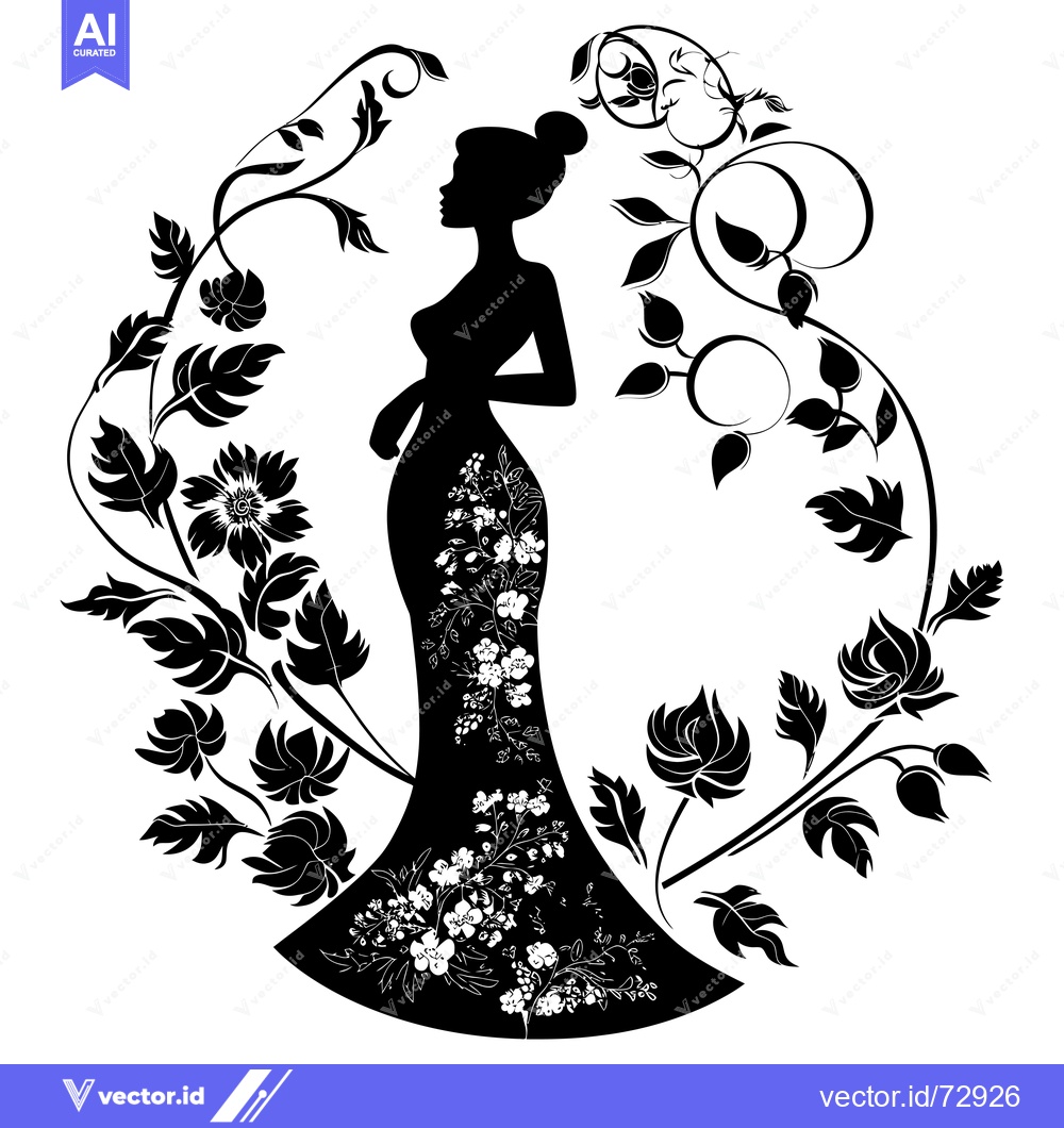 Premium Vector dari Silhouette of a Woman in a Floral Dress Surrounded by Vines
