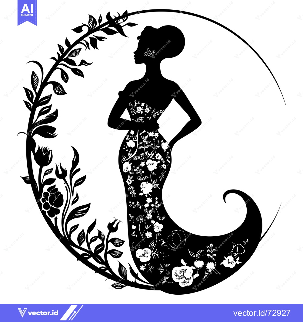 Premium Vector dari Silhouette of a Woman in a Floral Dress Within a Circular Floral Frame