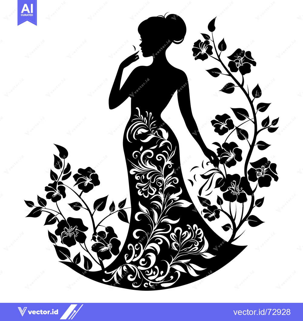 Premium Vector dari Silhouette of a Woman in a Floral Dress with Flowers Around Her
