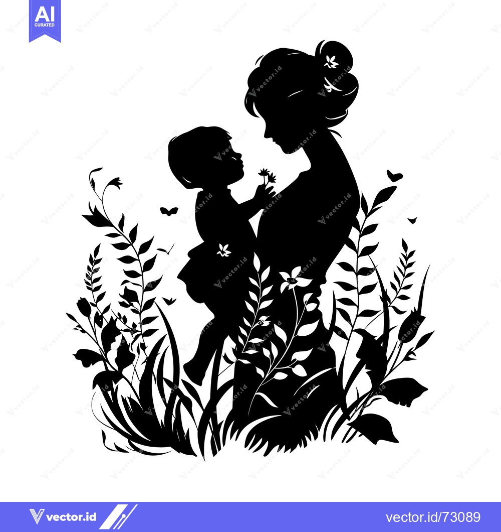 Premium Vector dari Silhouette of a Mother Holding Her Child in a Field of Flowers