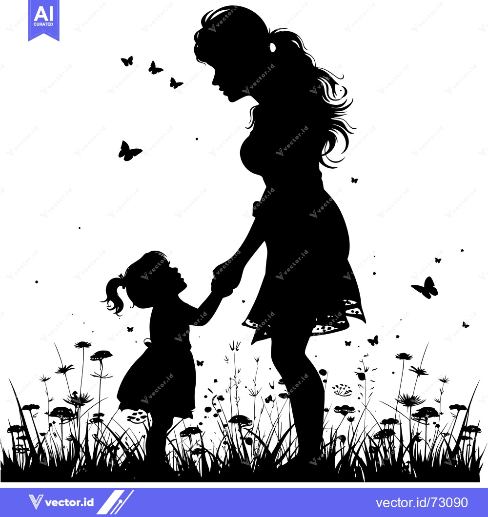 Premium Vector dari Silhouette of a Mother and Daughter Holding Hands in a Field with Butt