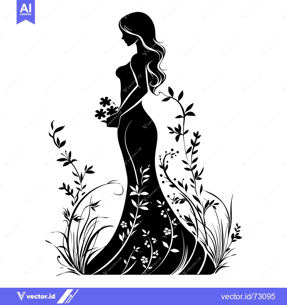 Premium Vector dari Silhouette of a Woman with Flowers in a Garden