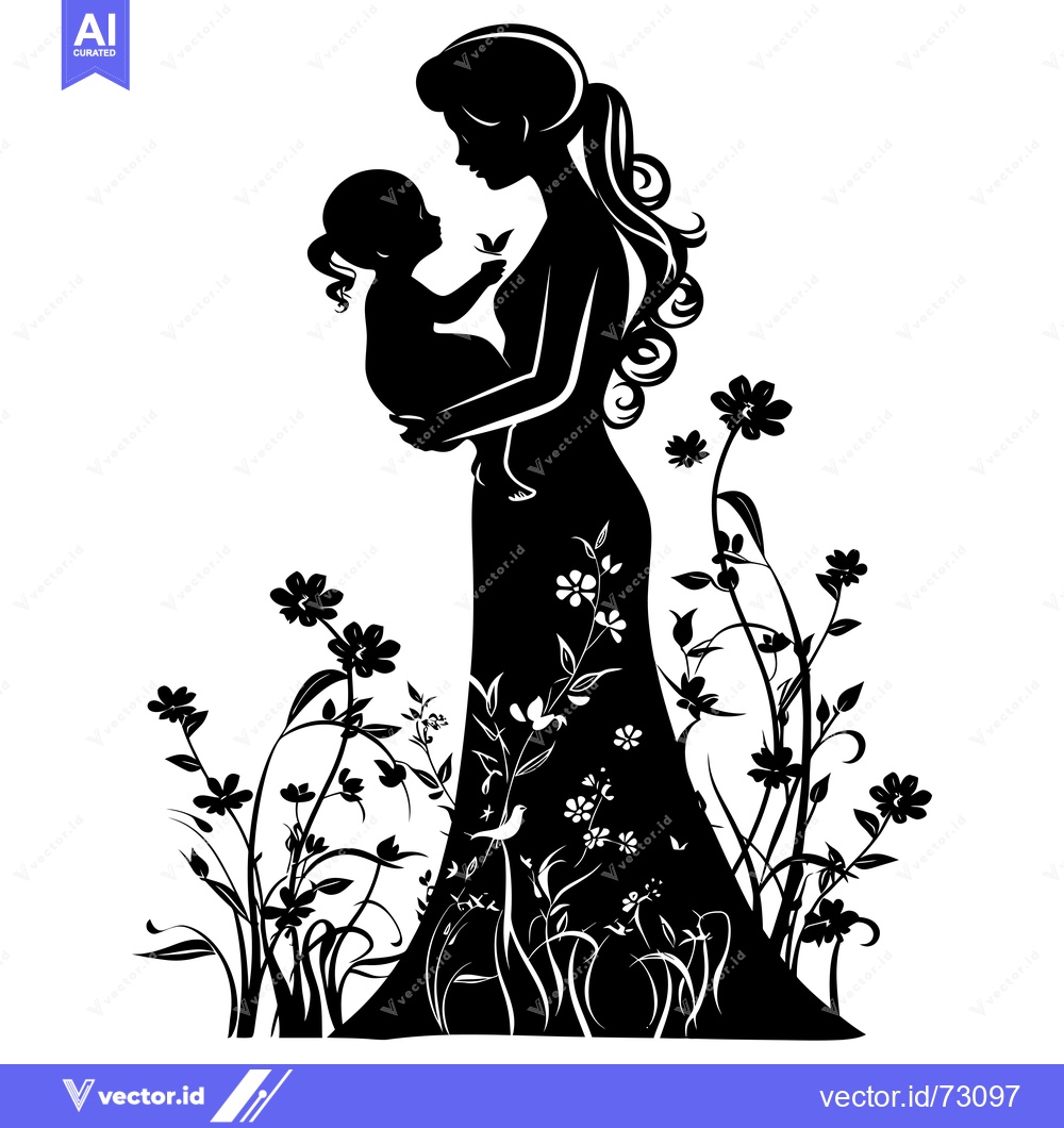 Premium Vector dari Mother and Child Silhouette with Floral Background