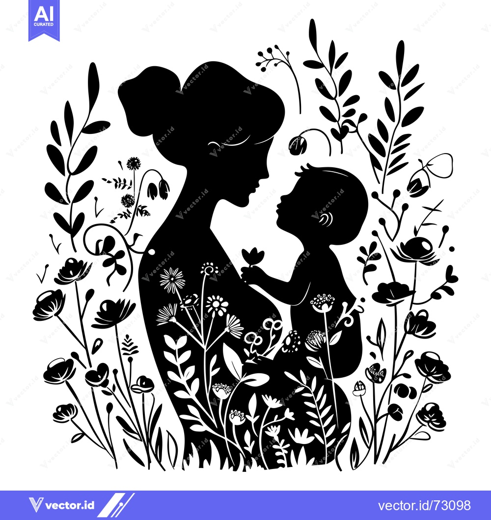 Premium Vector of Black and White Silhouette of a Mother and Child Surrounded by Flowers