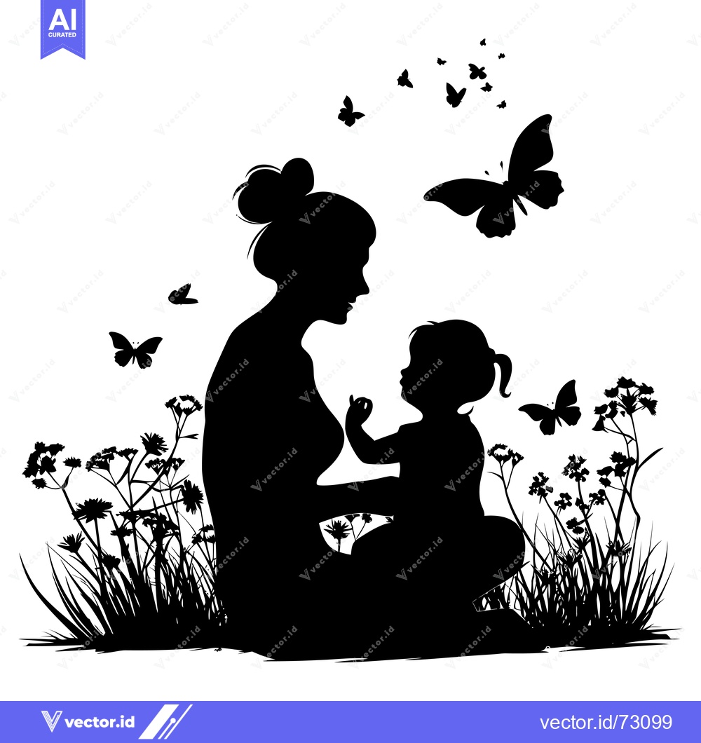 Premium Vector dari Silhouette of a mother and her child sitting in a field with butterfli