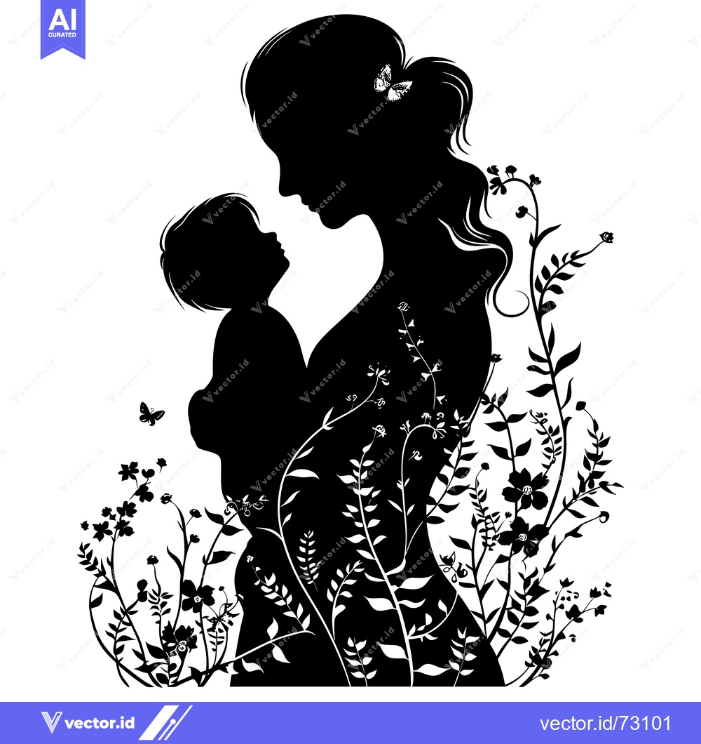 Premium Vector dari Mother and Child Silhouette with Floral and Butterfly Design