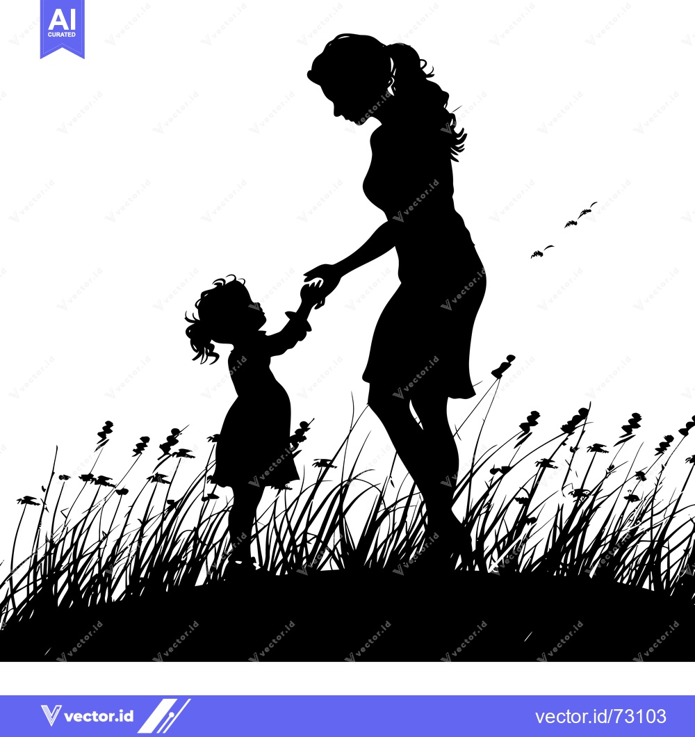 Premium Vector dari Silhouette of a Mother and Daughter Holding Hands in a Field of Grass