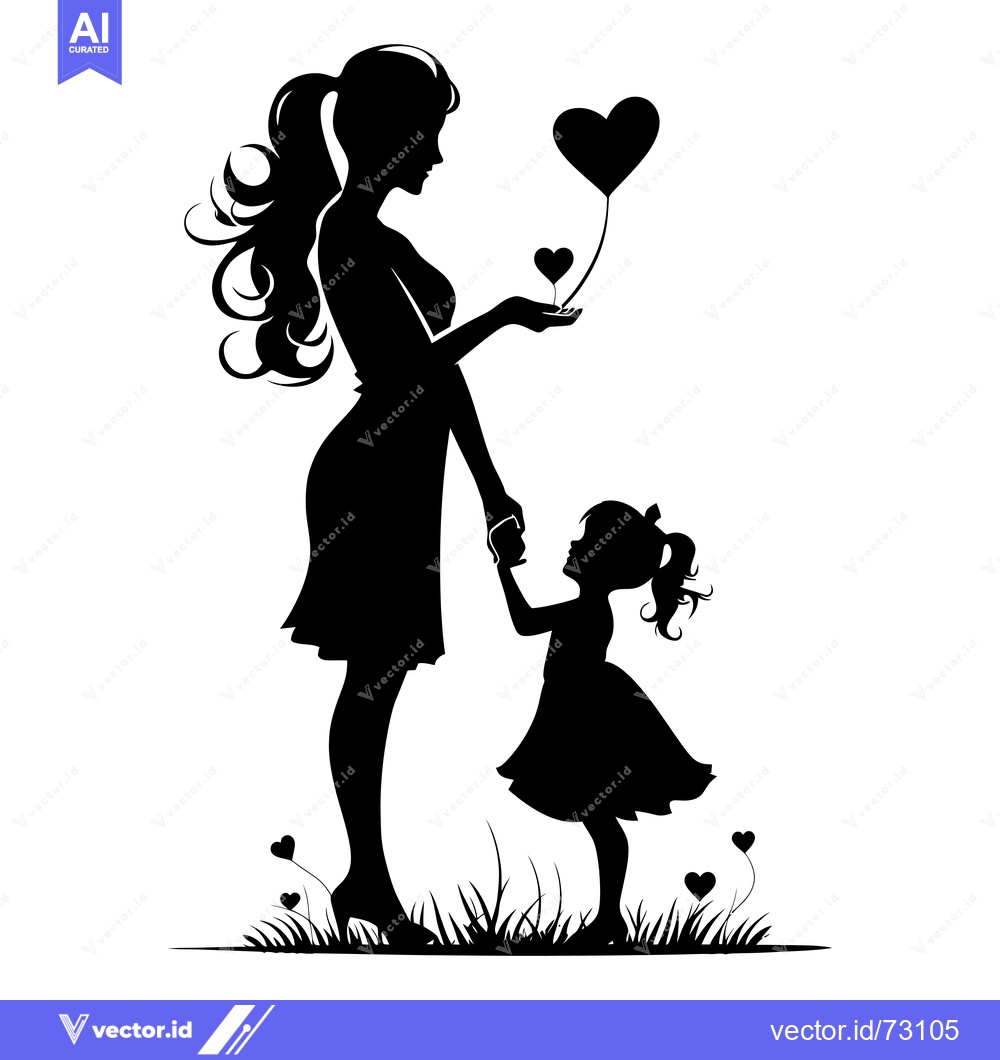 Premium Vector of Mother and Daughter Silhouette with Heart Balloons and Grass