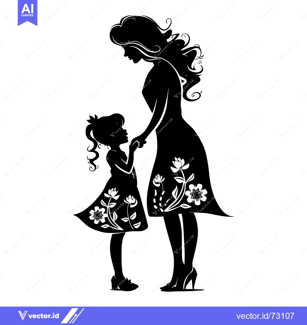 Premium Vector of Silhouette of a mother and daughter holding hands, both wearing floral
