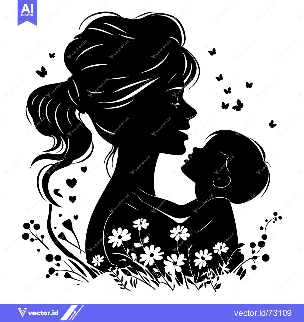 Premium Vector of Black Silhouette of a Mother and Child with Flowers and Butterflies