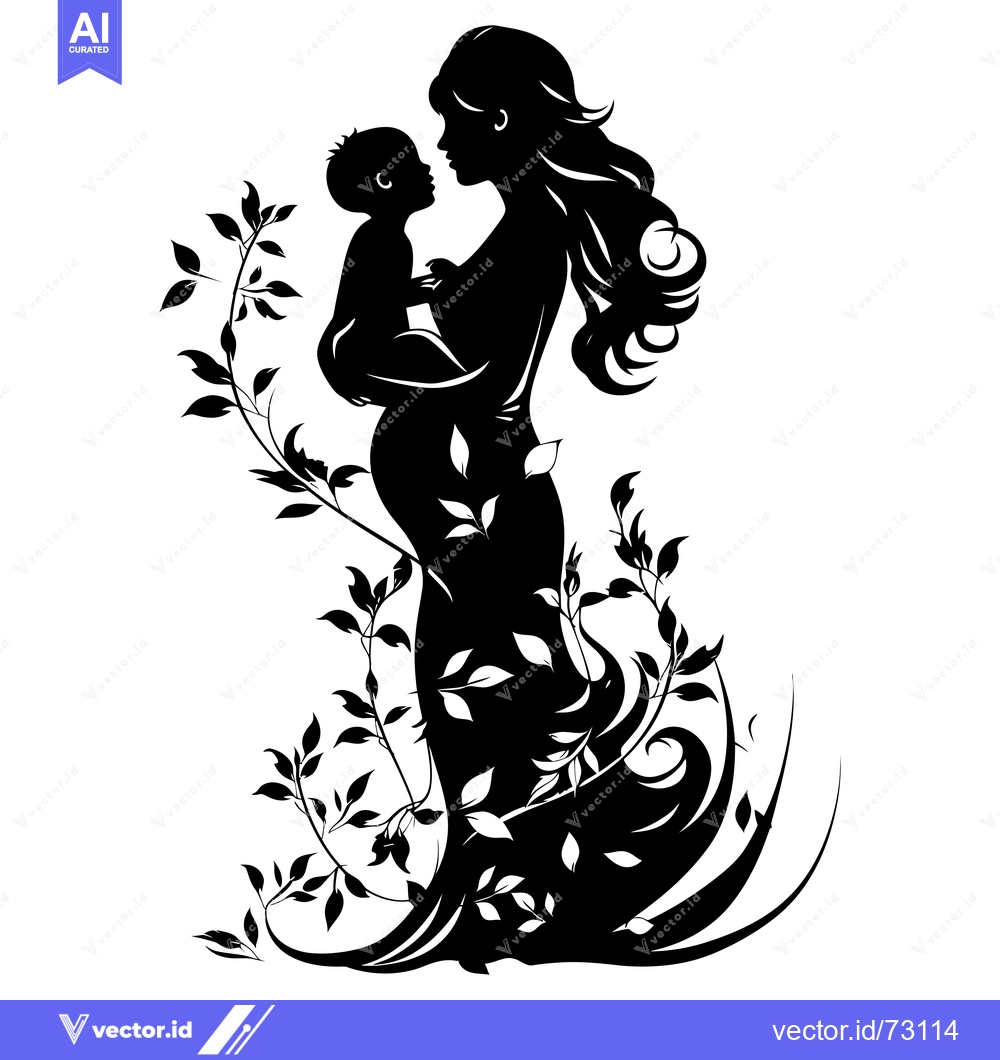 Premium Vector dari Silhouette of a Mother Holding Her Child, Surrounded by Floral Vines