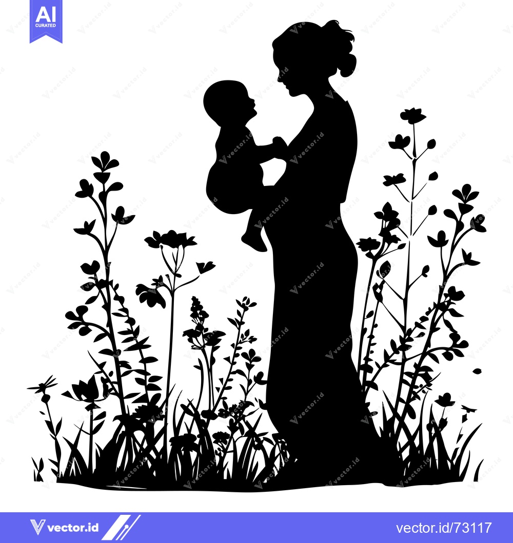 Premium Vector of Silhouette of a Mother Holding Her Baby in a Field of Flowers
