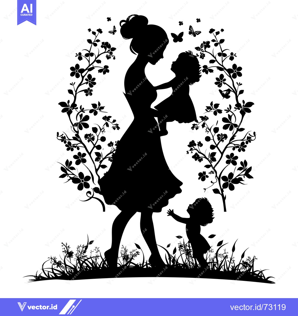 Premium Vector dari Silhouette of a mother holding a child with another child standing in