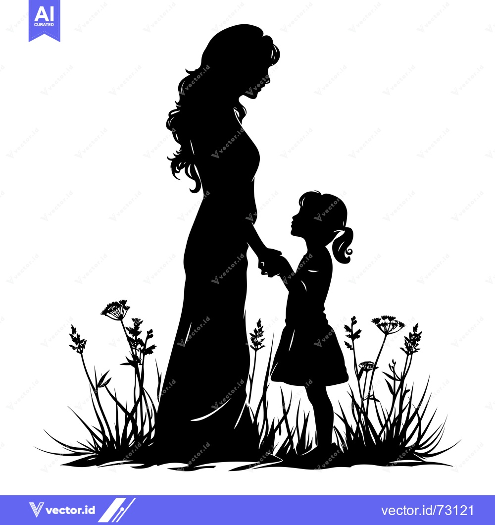 Premium Vector of Silhouette of a mother and daughter holding hands in a field of tall g