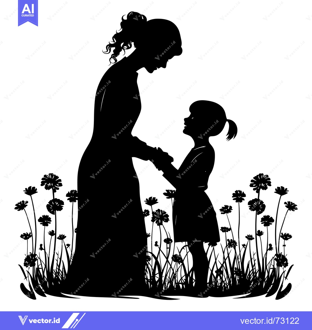 Premium Vector of Silhouette of a Mother and Daughter in a Field of Flowers