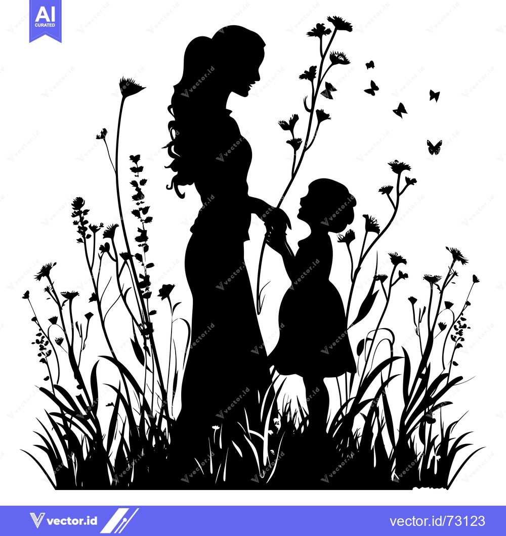 Premium Vector dari Silhouette of a Mother and Daughter in a Field of Flowers and Butterfl
