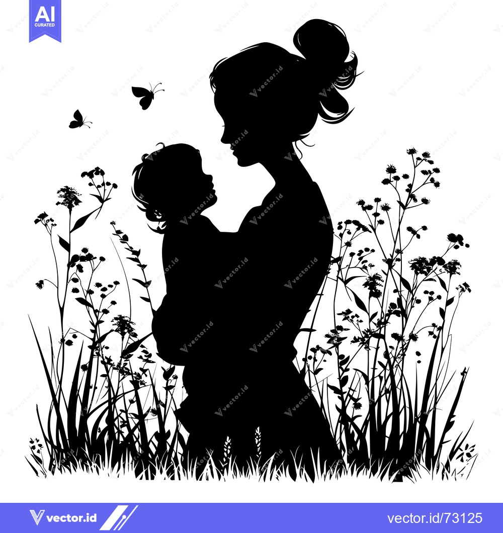 Premium Vector dari Silhouette of a Mother Holding a Baby in a Field of Wildflowers