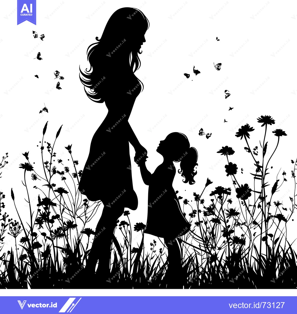 Premium Vector dari Black Silhouette of Mother and Daughter in a Field of Flowers with But