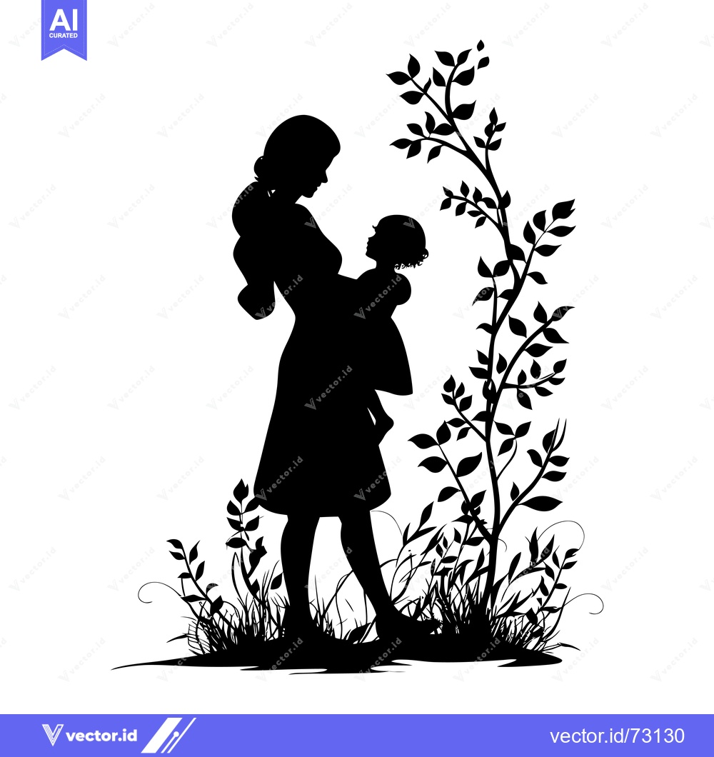 Premium Vector of Silhouette of a mother holding her child in a field of grass and flowe
