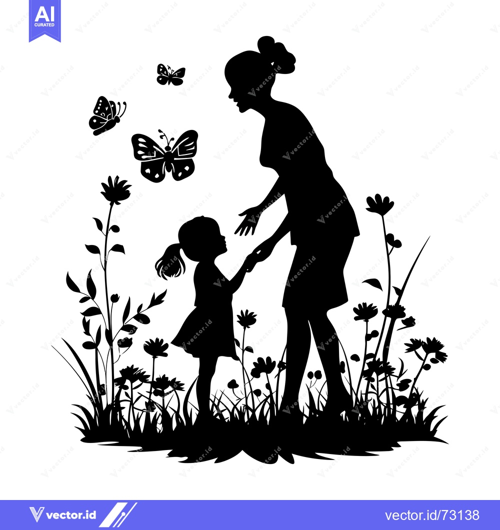 Premium Vector of Silhouette of a mother and daughter in a field of flowers and butterfl