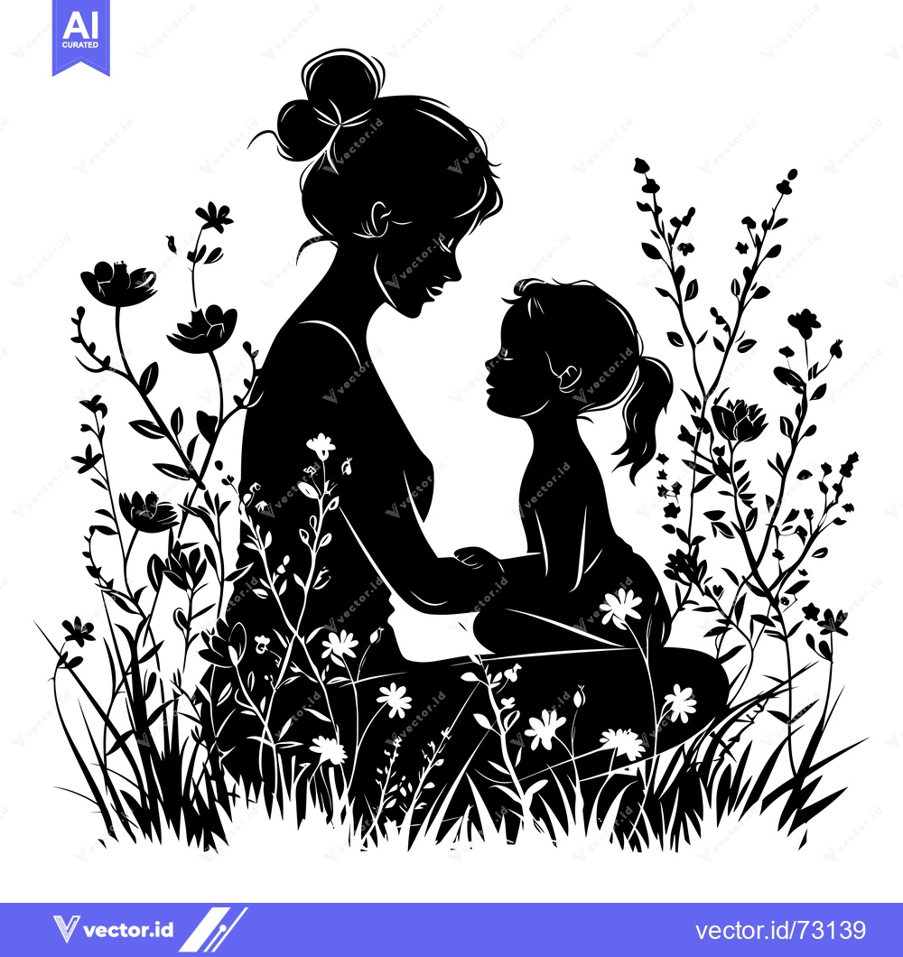 Premium Vector of Silhouette of a Mother and Daughter in a Field of Flowers