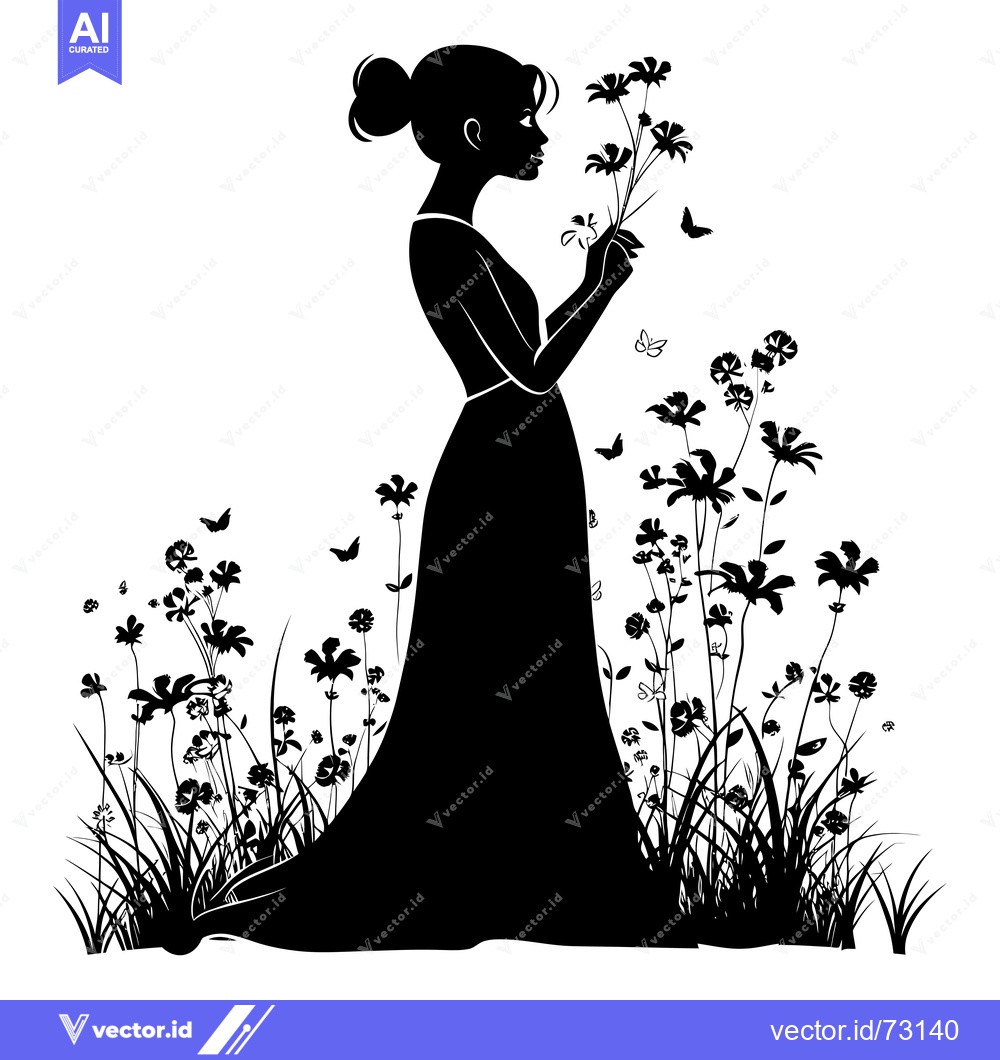 Premium Vector of Silhouette of a Woman in a Dress Surrounded by Flowers and Butterflies