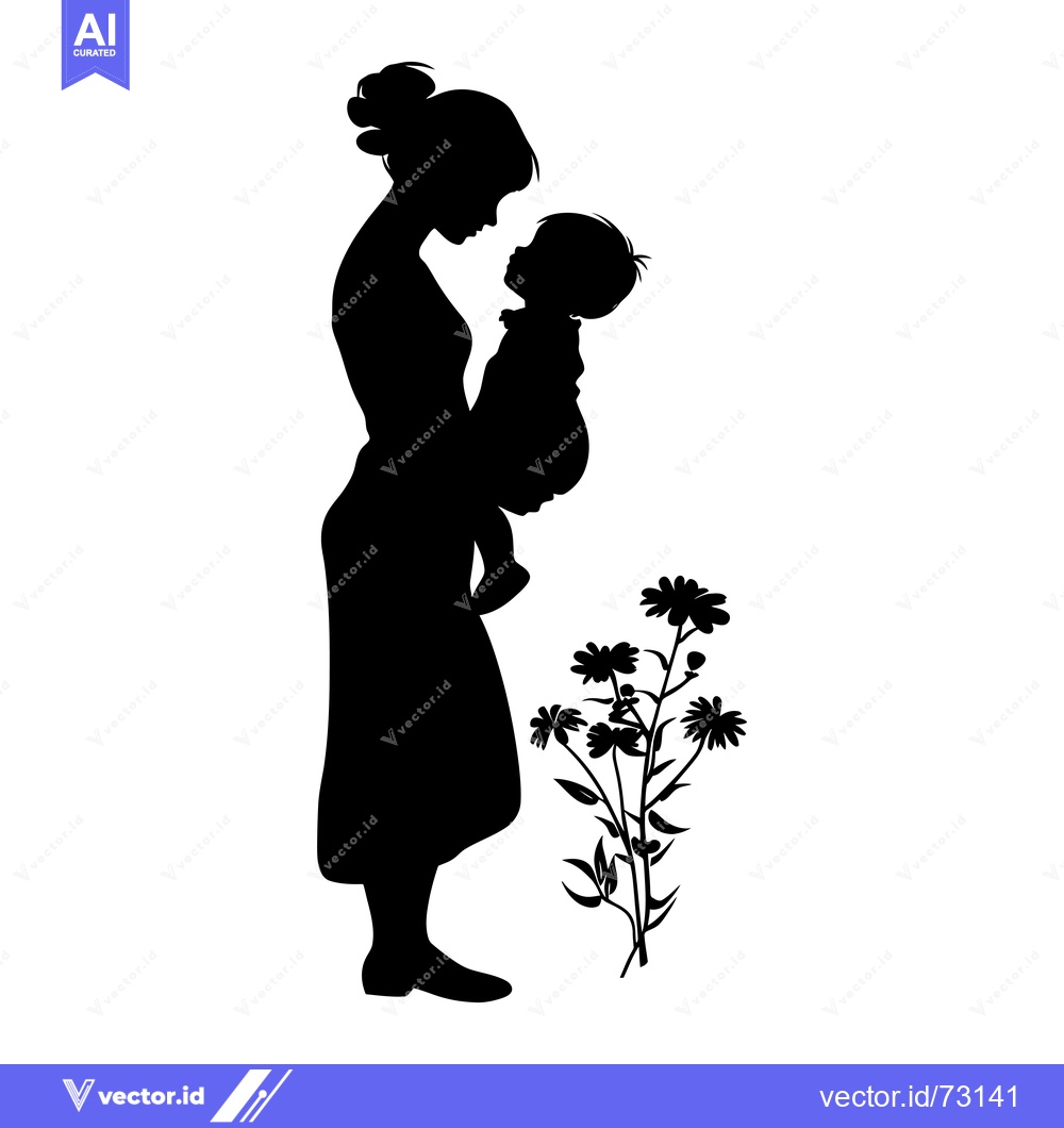 Premium Vector of Silhouette of a Mother Holding a Baby with Flowers