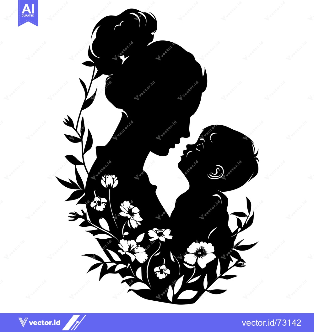 Premium Vector of Silhouette of a Mother and Child Surrounded by Flowers and Leaves