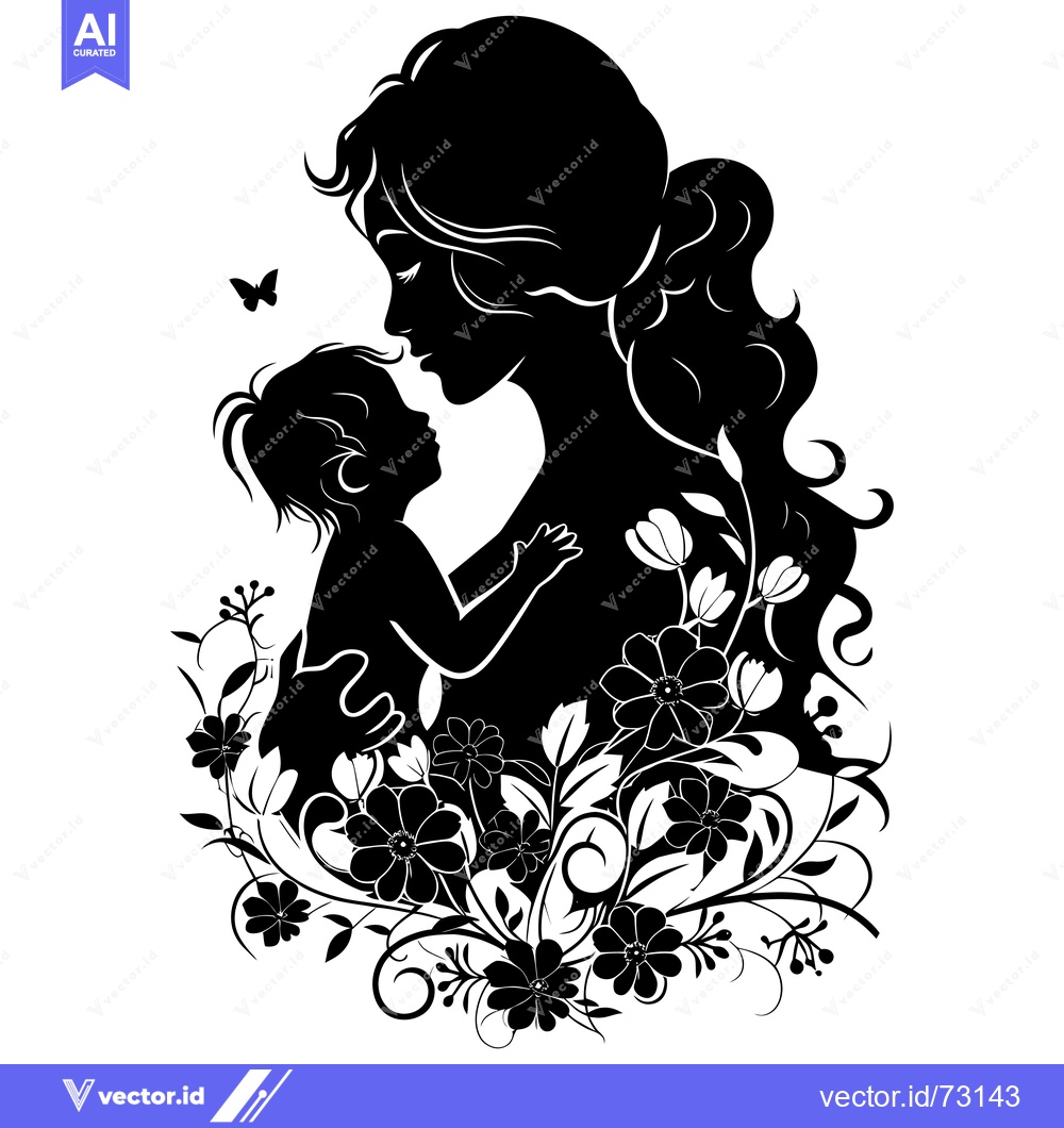 Premium Vector of Black and White Silhouette of Mother and Child with Flowers