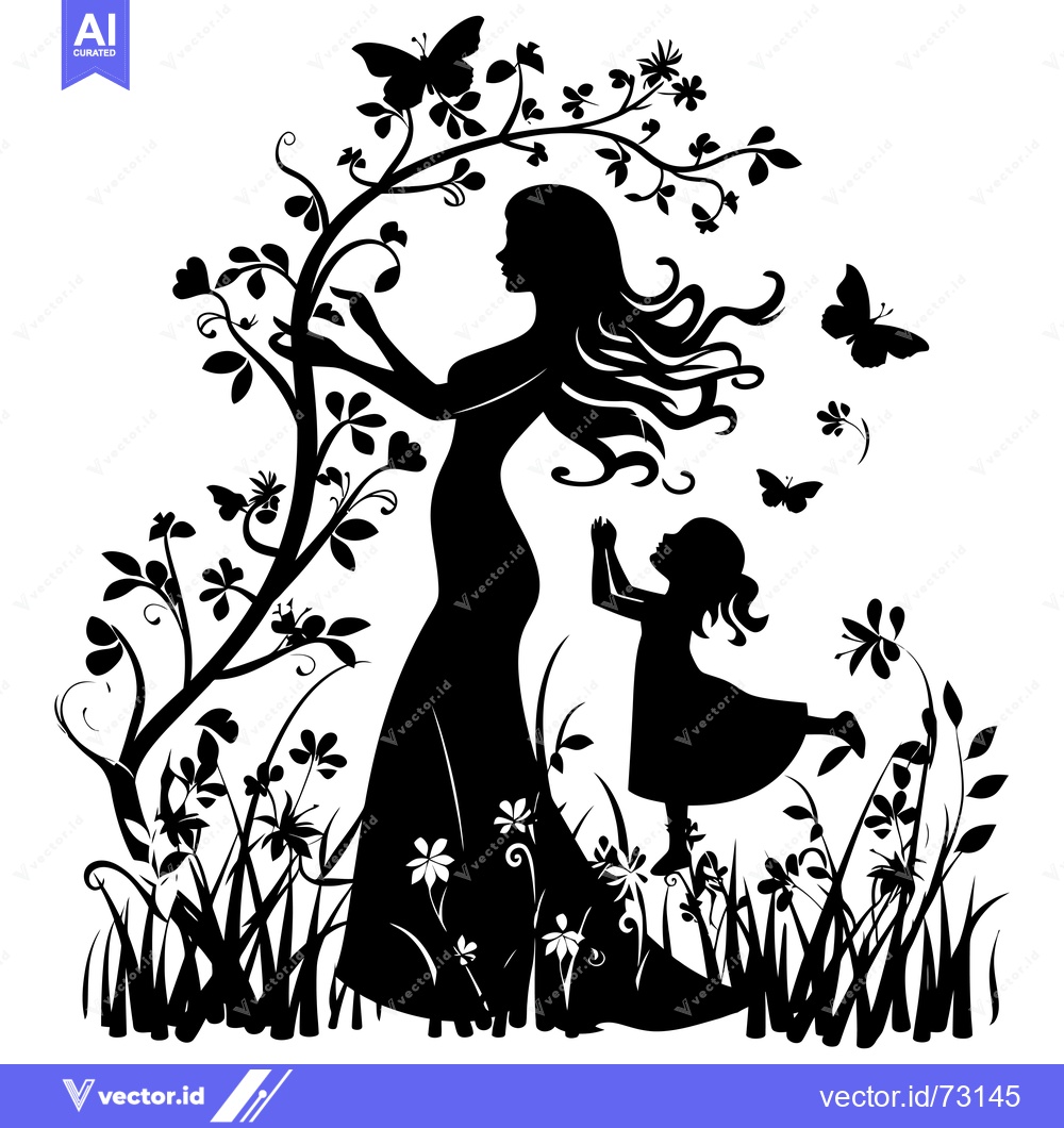 Premium Vector of Silhouette of a Mother and Daughter with Butterflies in a Garden