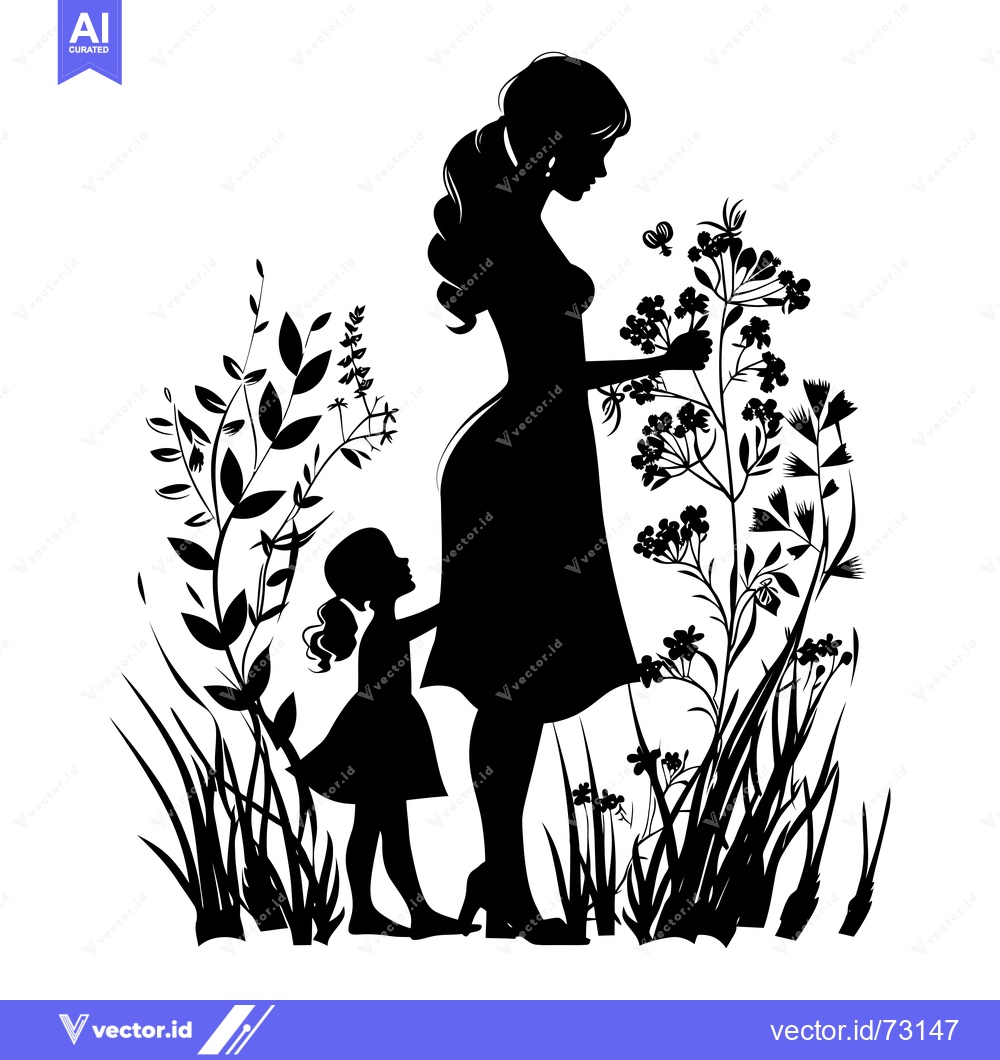 Premium Vector of Silhouette of a Mother and Daughter in a Garden