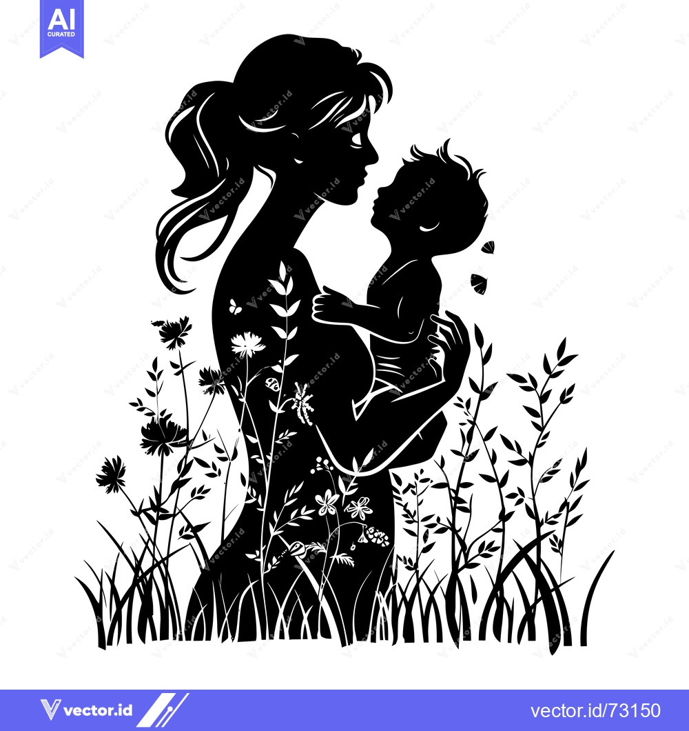 Premium Vector of Silhouette of a Mother Holding her Baby in a Field of Flowers