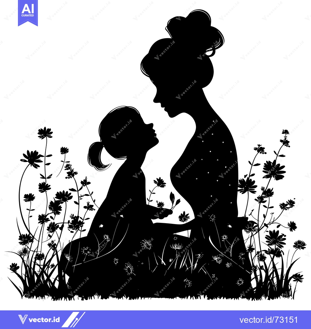Premium Vector dari Silhouette of a Mother and Daughter with Flowers