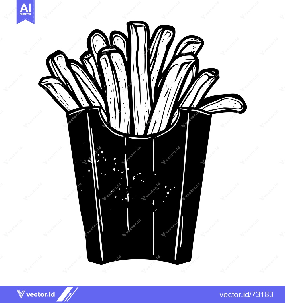 Premium Vector of Black and White Illustration of French Fries in a Paper Container