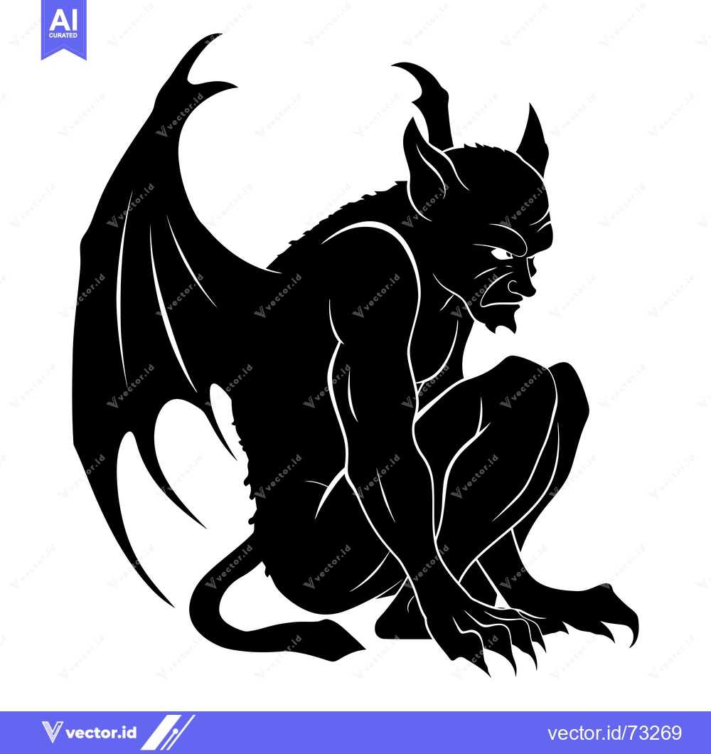 Premium Vector of Black and White Silhouette of a Sitting Gargoyle with Wings