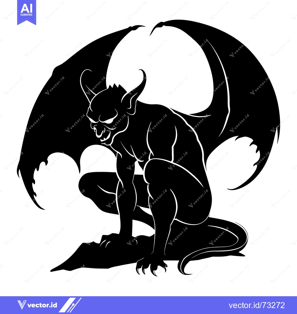 Premium Vector dari A Black and White Silhouette of a Sitting Demon with Wings