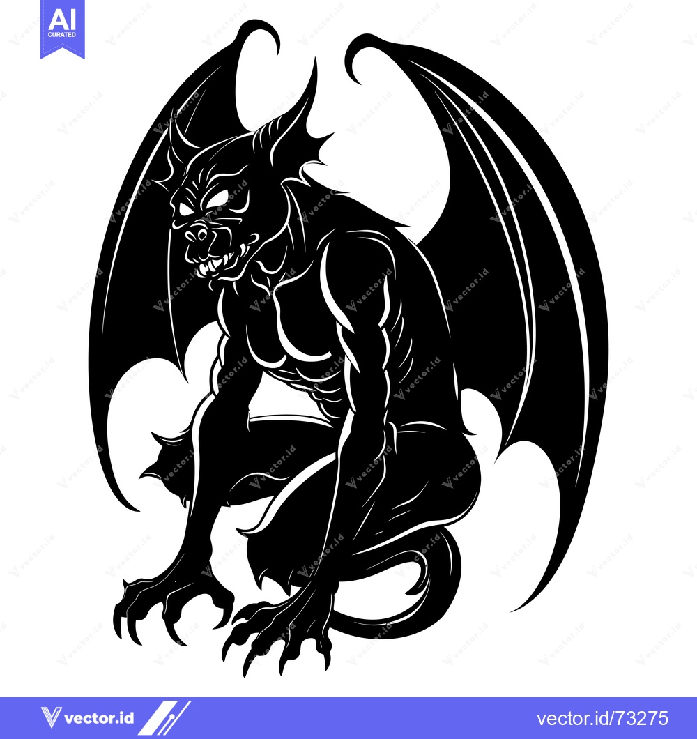 Premium Vector of Black and white illustration of a gargoyle with wings