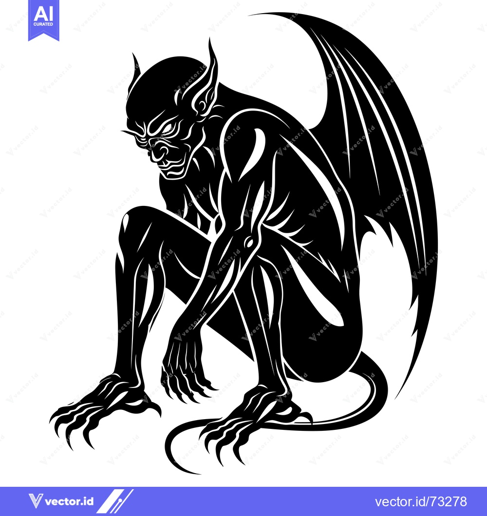Premium Vector of Black and White Illustration of a Crouching Demon with Claws and Wings