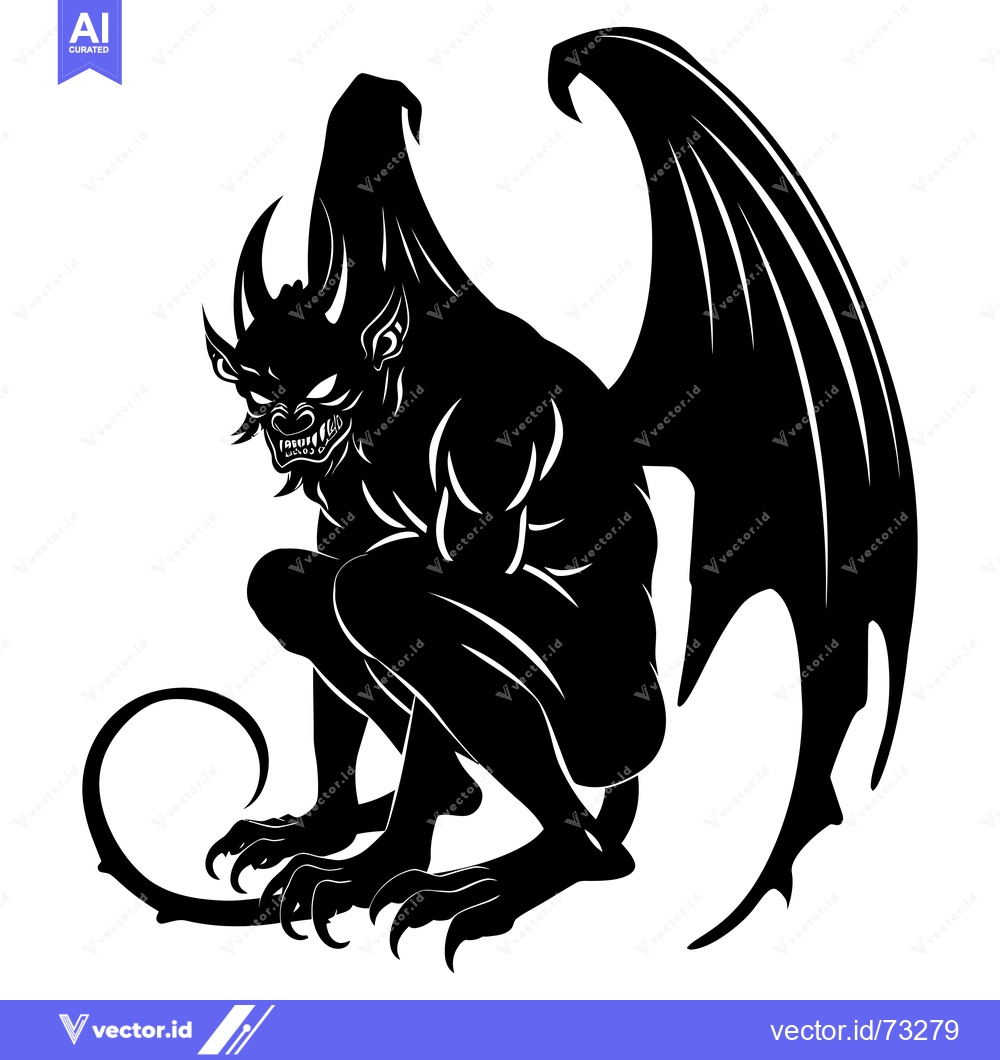 Premium Vector dari A menacing, black silhouette of a gargoyle with wings and a curled tai