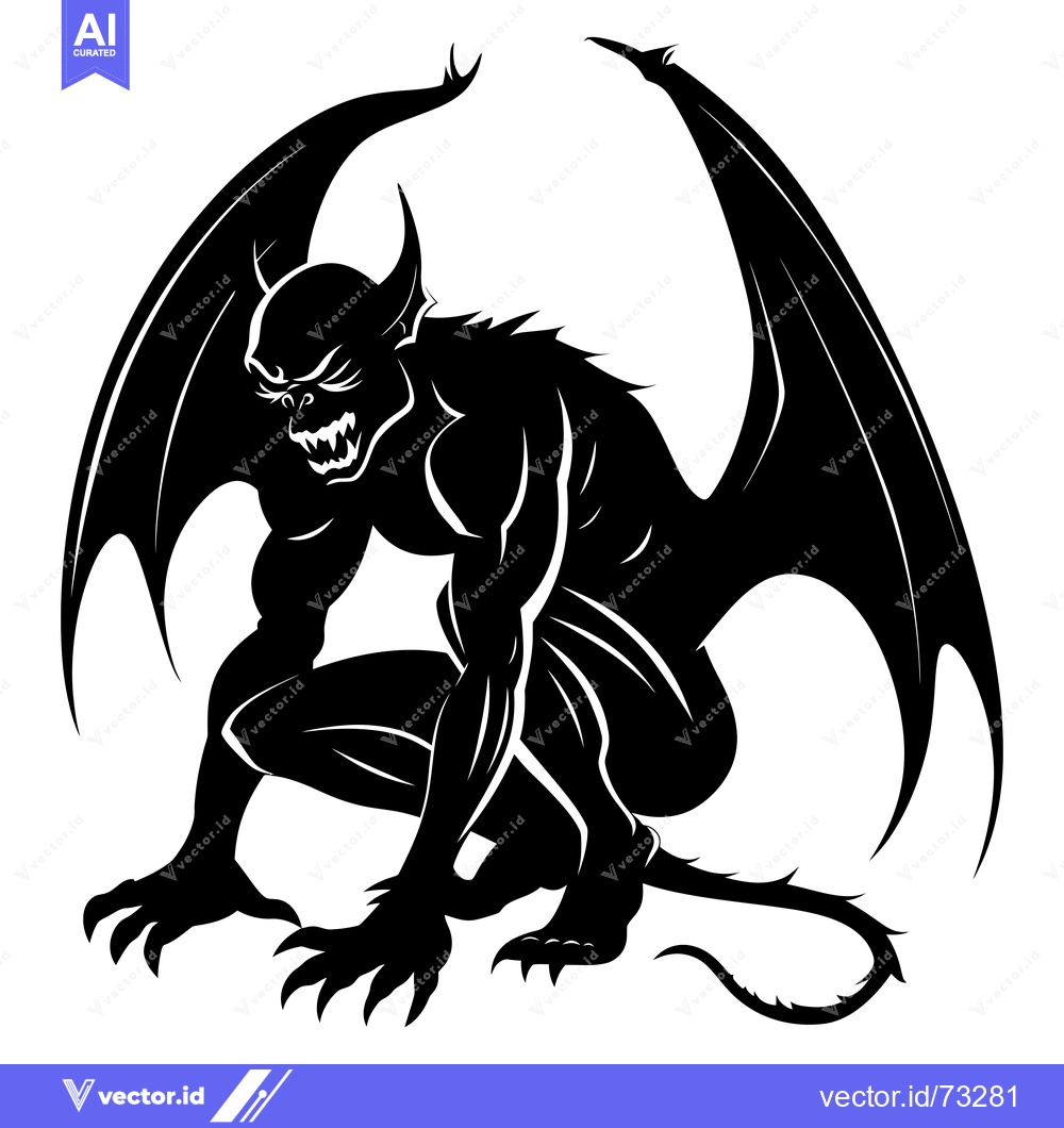 Premium Vector of Black and White Silhouette of a Crouching Demon with Wings