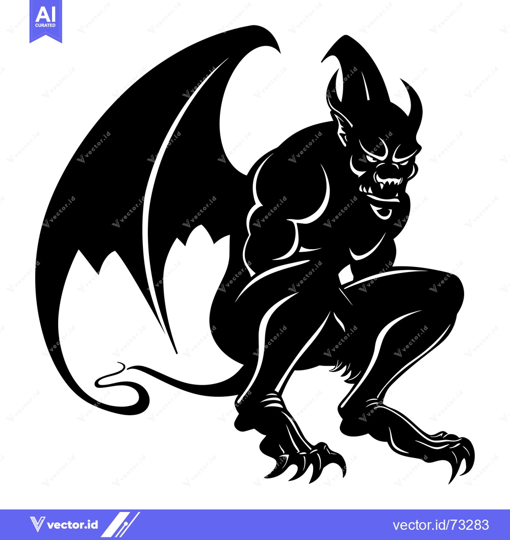 Premium Vector of A Black and White Illustration of a Sitting, Winged, Fanged Demon