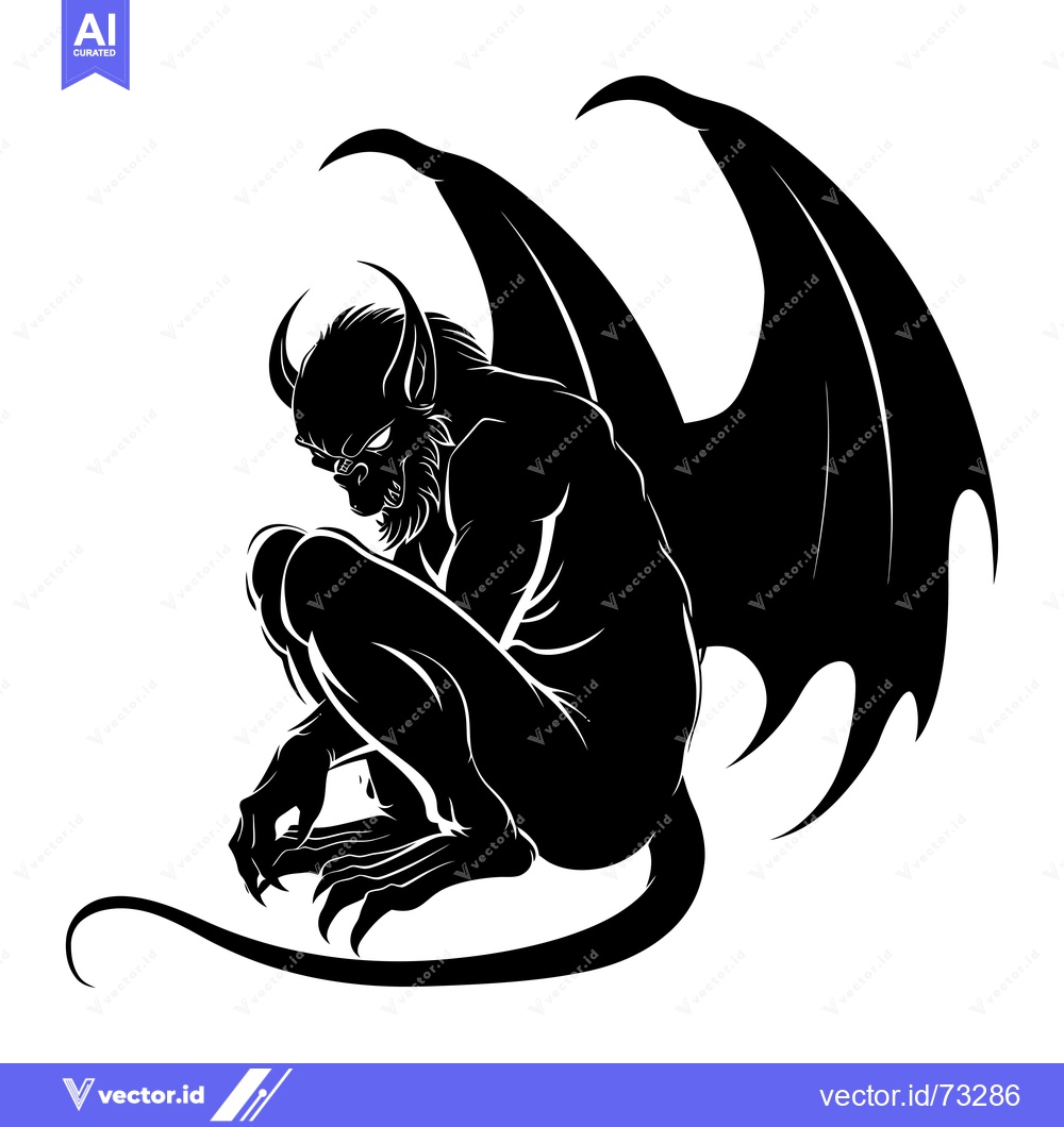 Premium Vector dari A Black and White Silhouette of a Crouching Gargoyle with Wings