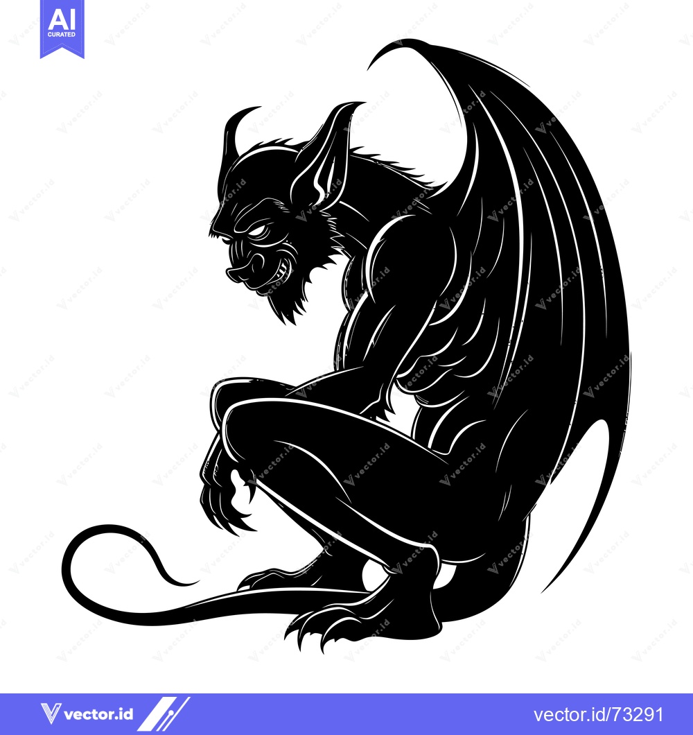 Premium Vector of Black and White Silhouette of a Sitting Gargoyle with Wings