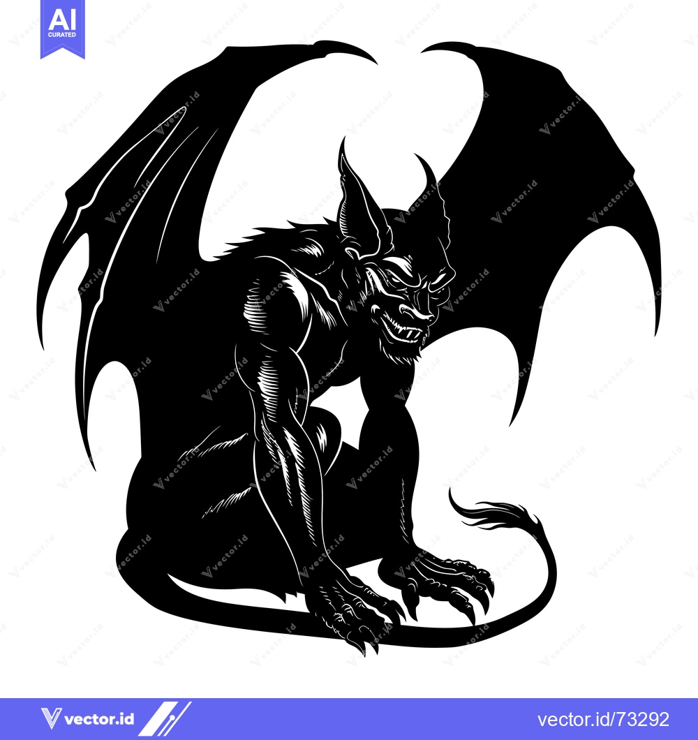 Premium Vector of Black and White Illustration of a Sitting Gargoyle with Wings