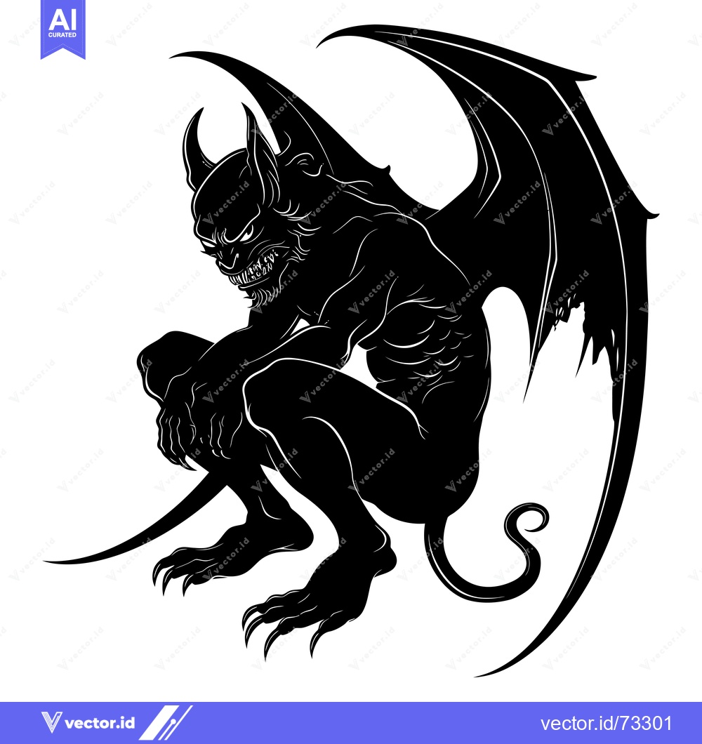 Premium Vector of A Black and White Silhouette of a Crouching Demon with Wings