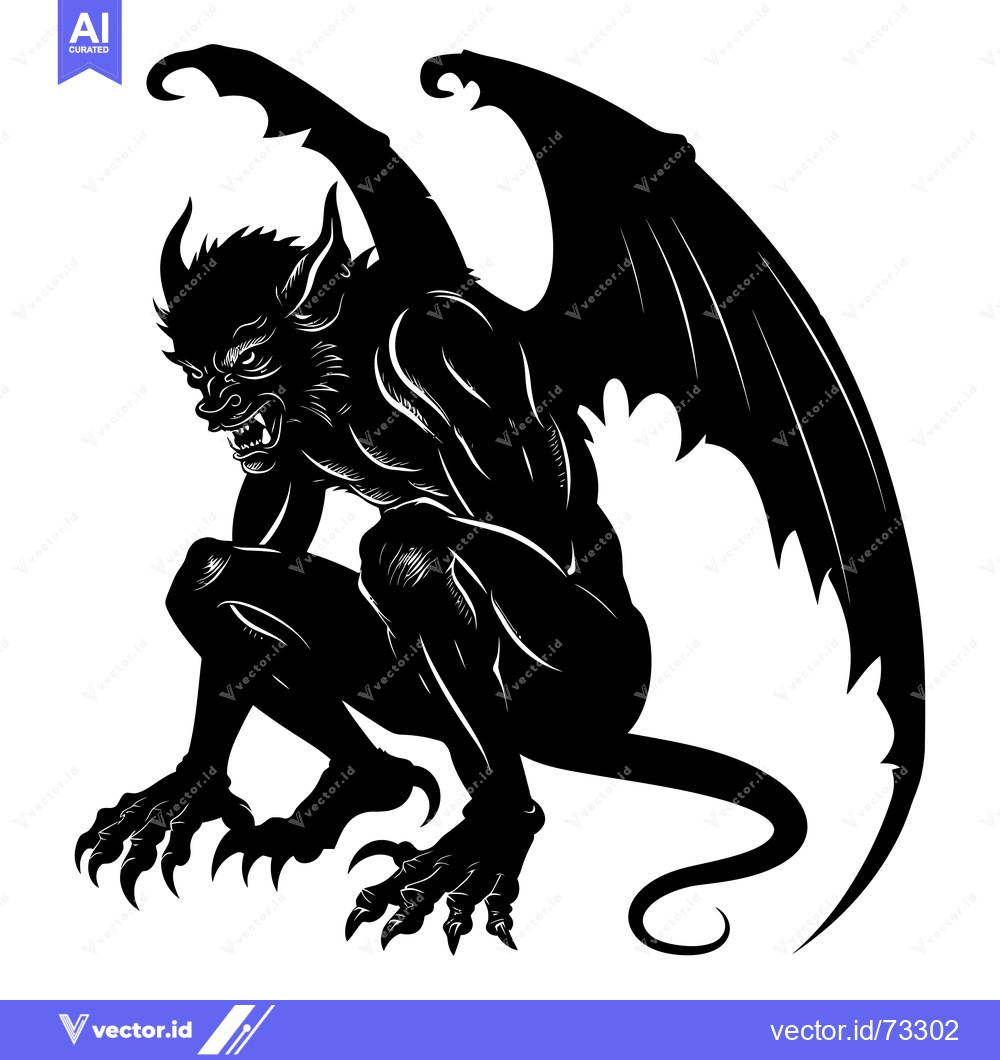 Premium Vector dari Black and White Silhouette of a Crouching Gargoyle with Wings