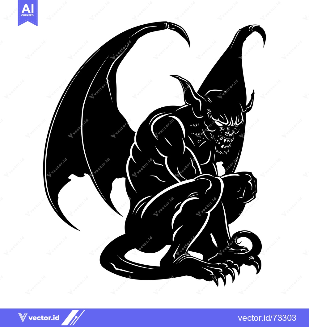 Premium Vector dari Black and White Silhouette of a Winged Gargoyle Sitting and Crouching
