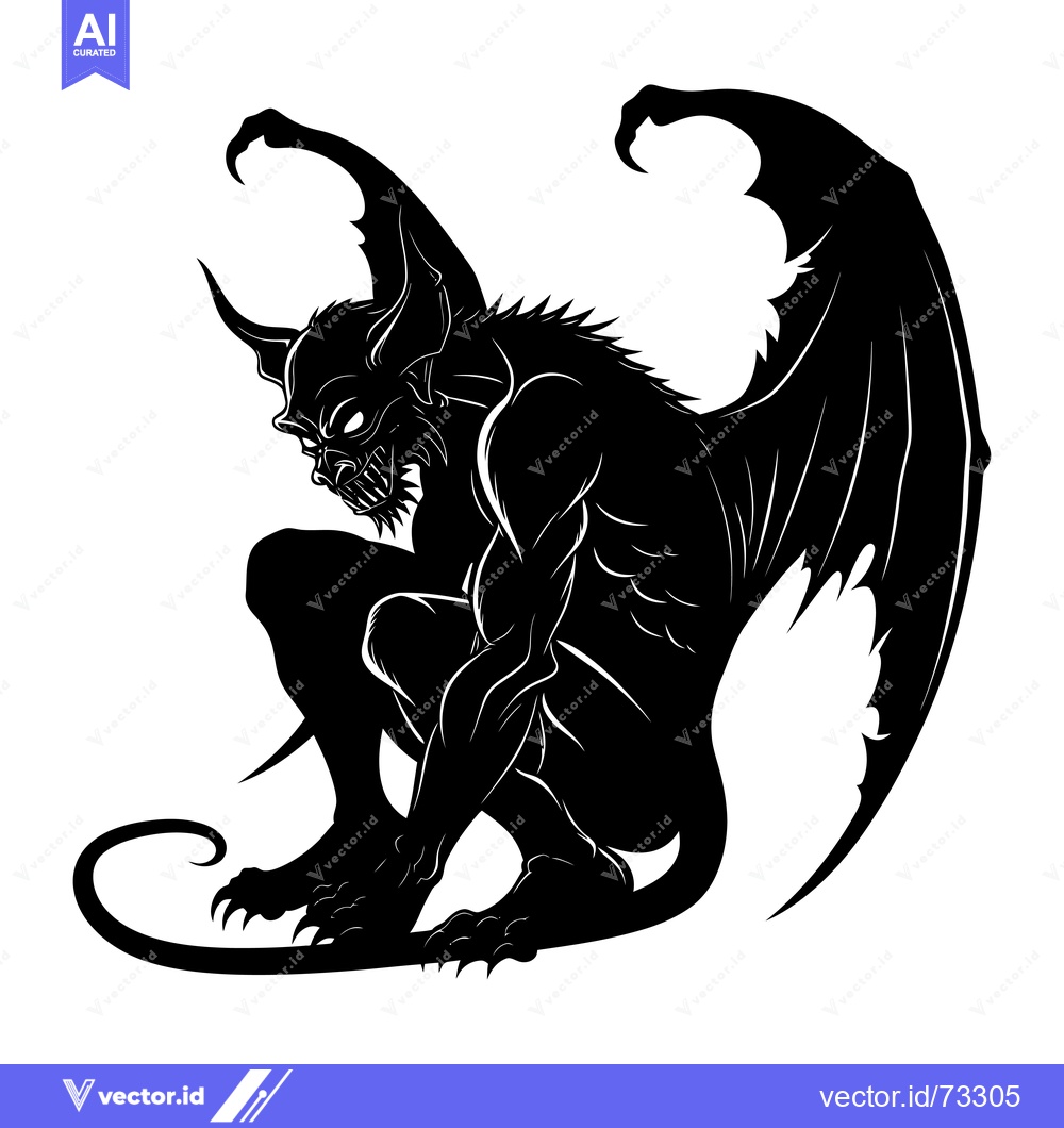 Premium Vector of Black and White Silhouette of a Sitting Gargoyle with Wings